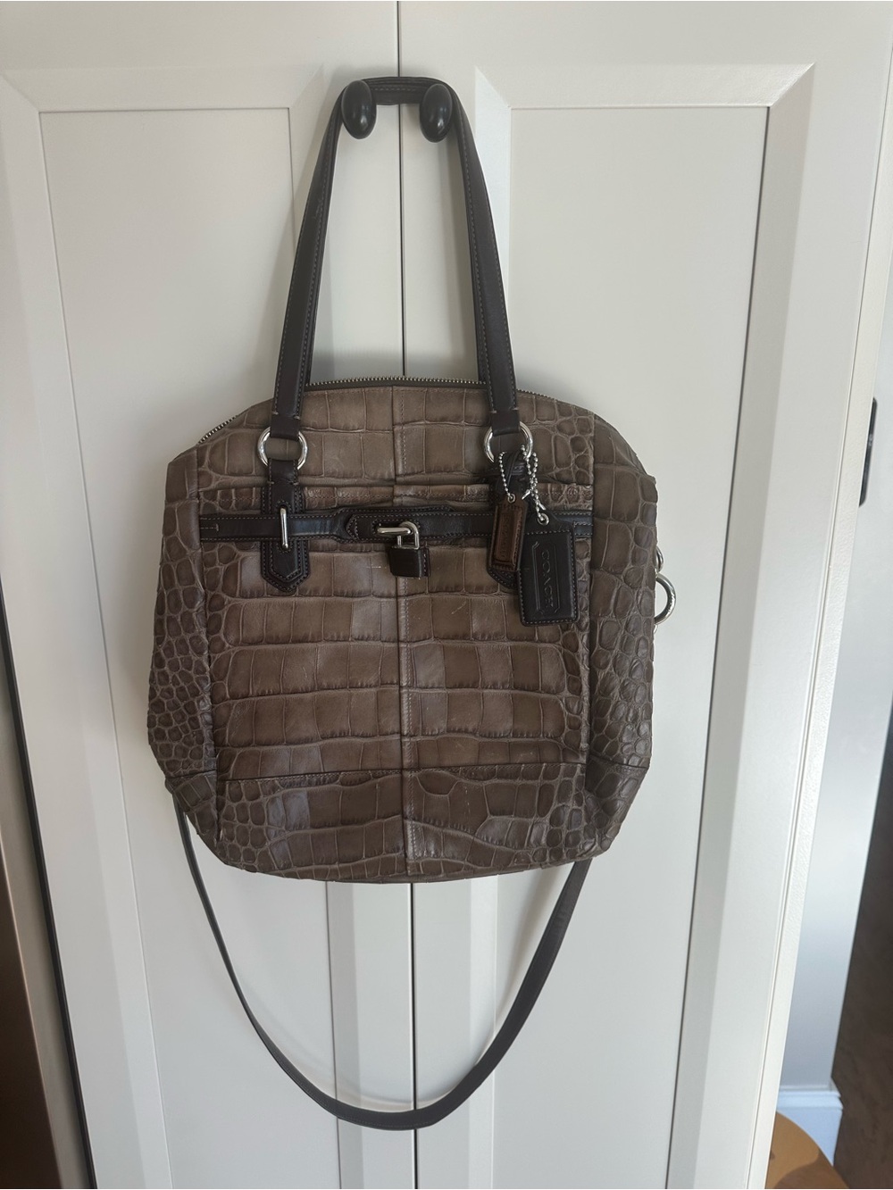 Coach Taupe Croc-Embossed Leather Tote with Dark Brown Handles